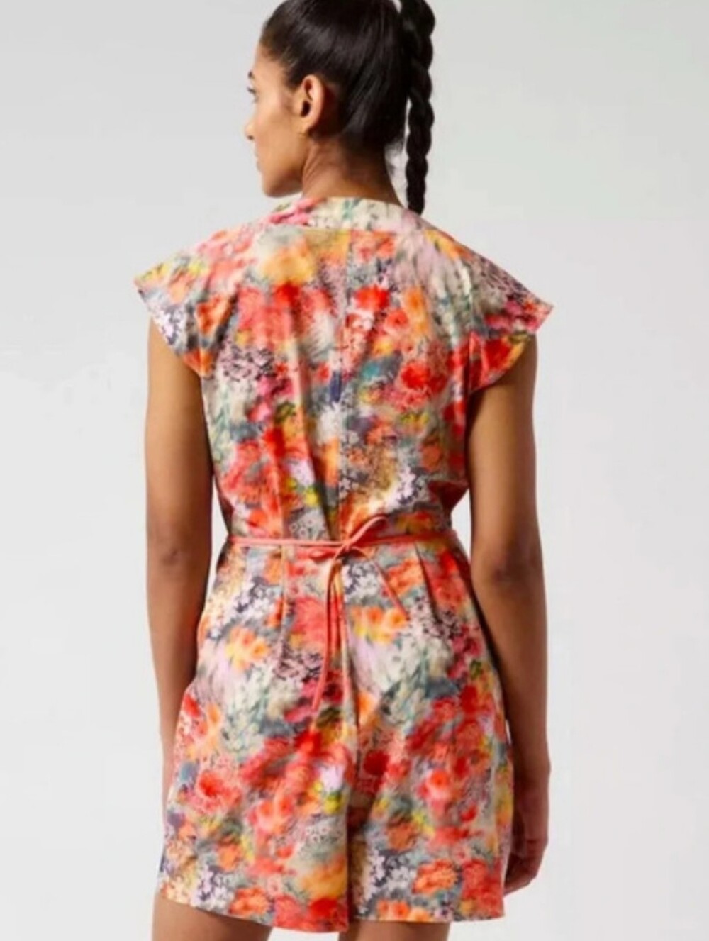 Athleta Marlow Floral Romper Large Tie Waist V Neck Cap Sleeve - Picture 3 of 15
